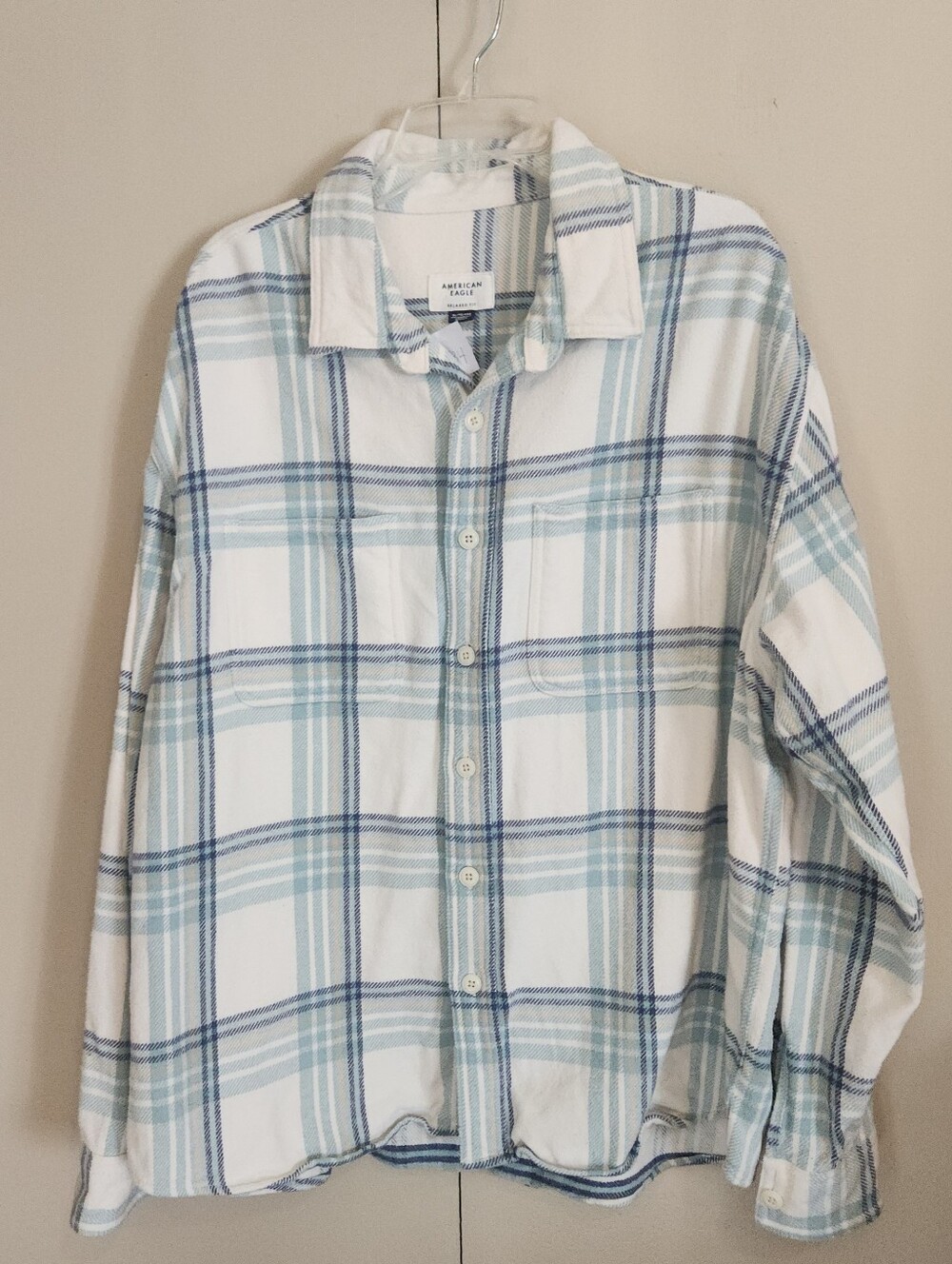 J34 American Eagle Outfitters Women's Blue Green & White Plaid Zip-Up Shacket